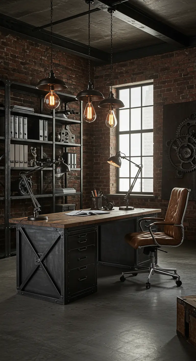Grand bureau industriel avec murs de briques, mobilier en métal et bois, et suspensions métalliques.
