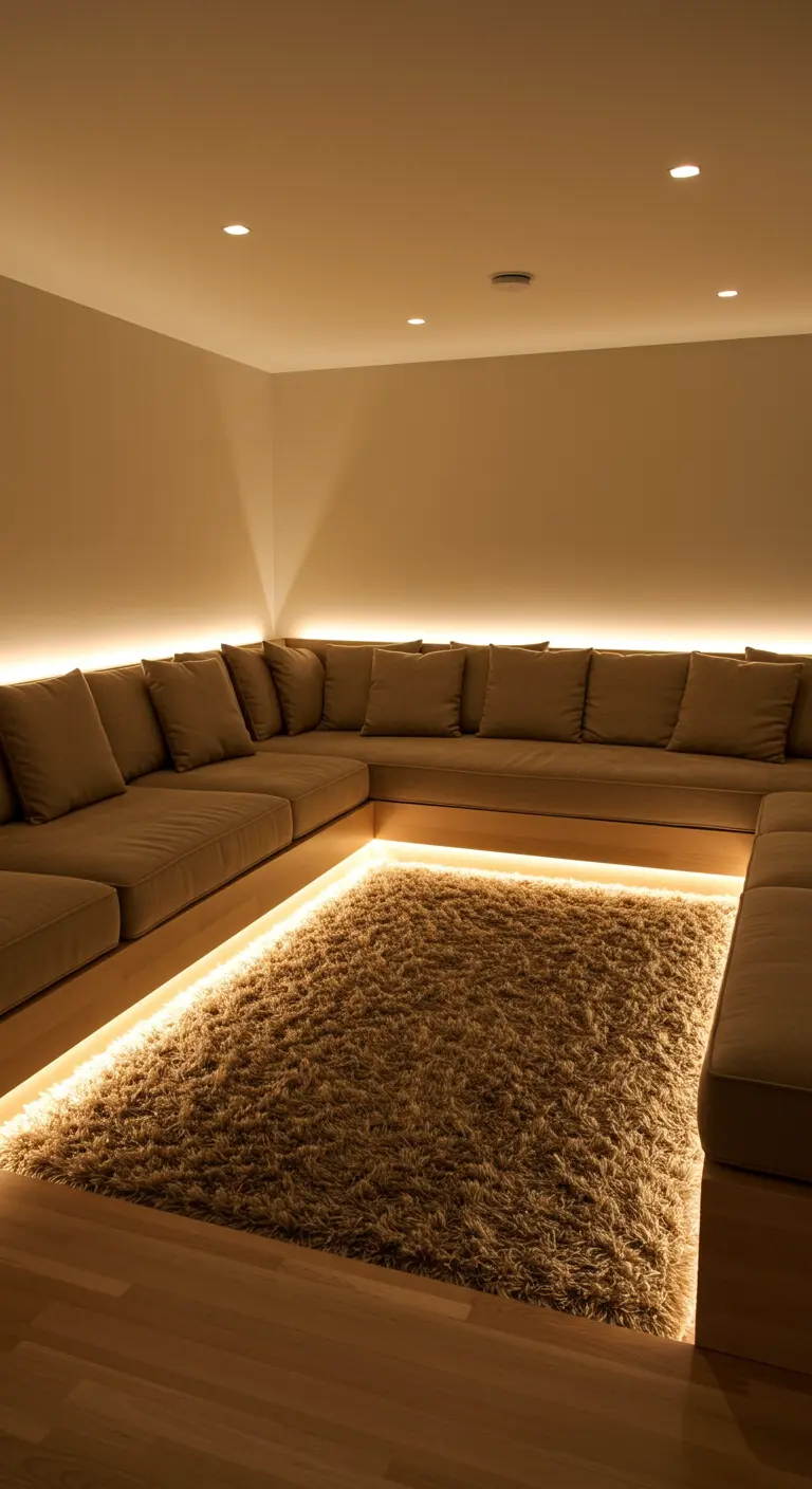 Salon en contrebas avec canapé en U et éclairage LED sous la structure.