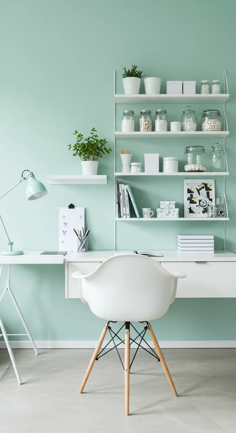 Bureau blanc et étagères murales sur un mur vert menthe, avec une chaise design.