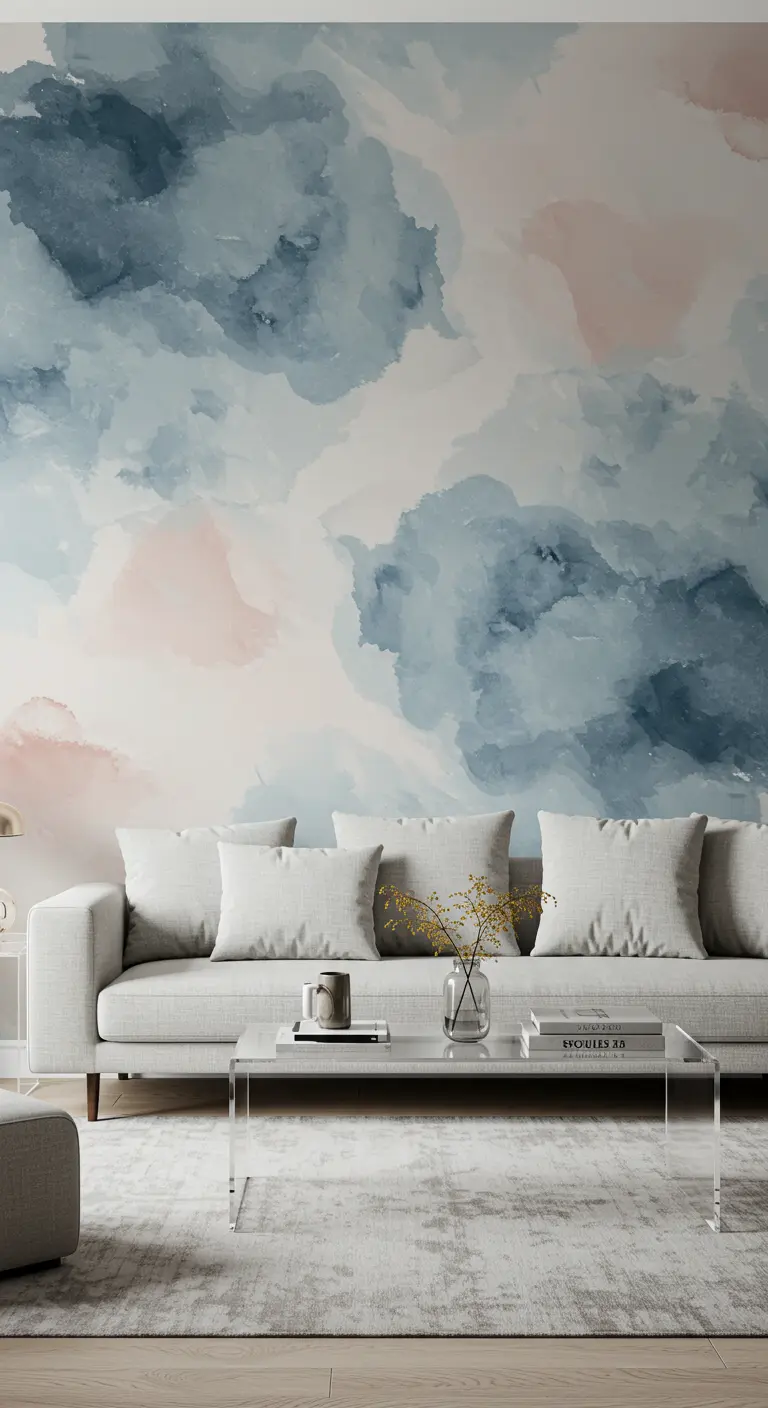 Mur d'accent avec un papier peint panoramique effet aquarelle dans des tons de bleu et de rose.