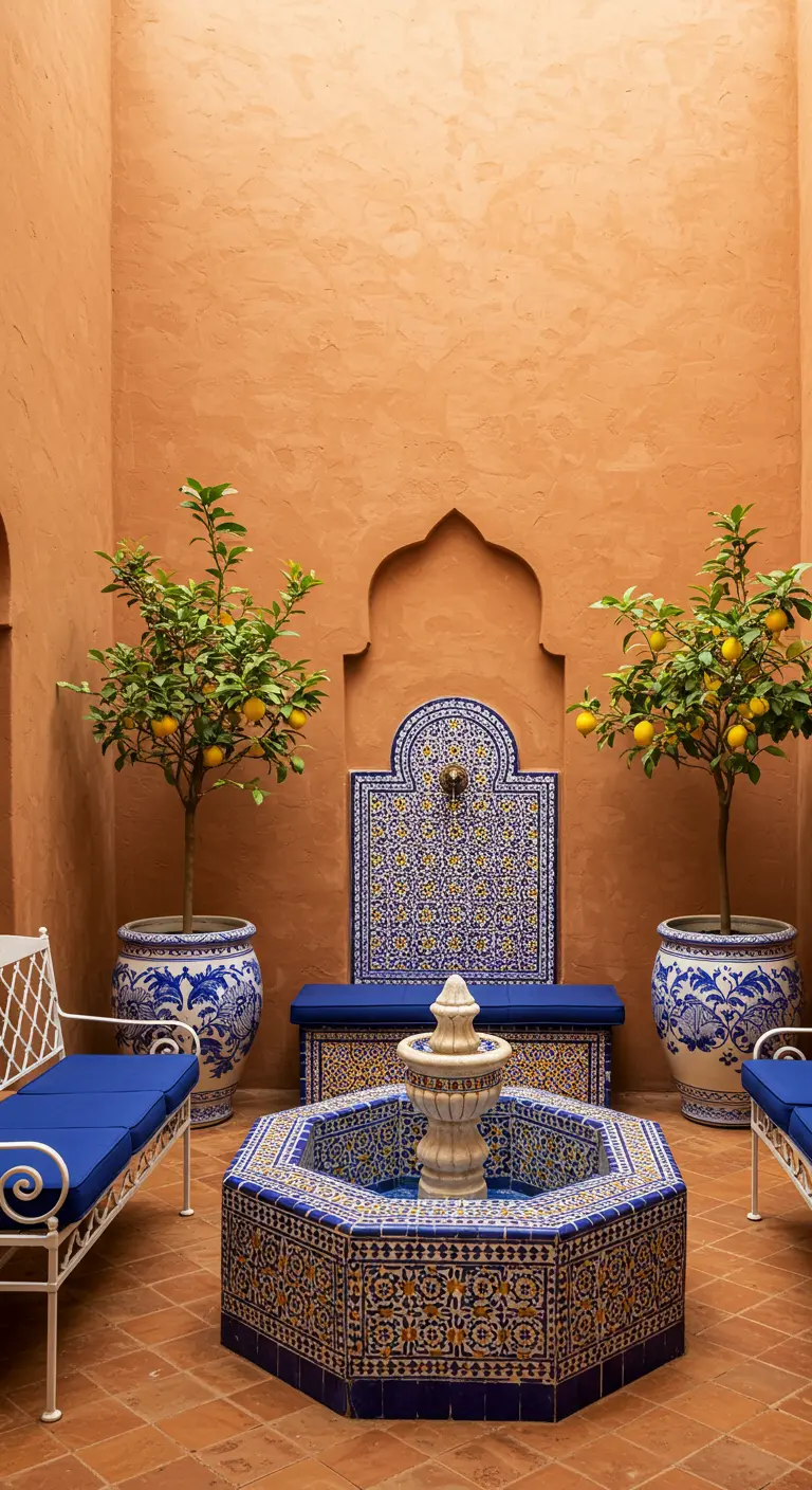 Patio marocain avec une fontaine en mosaïque bleue et blanche, et des citronniers en pots.