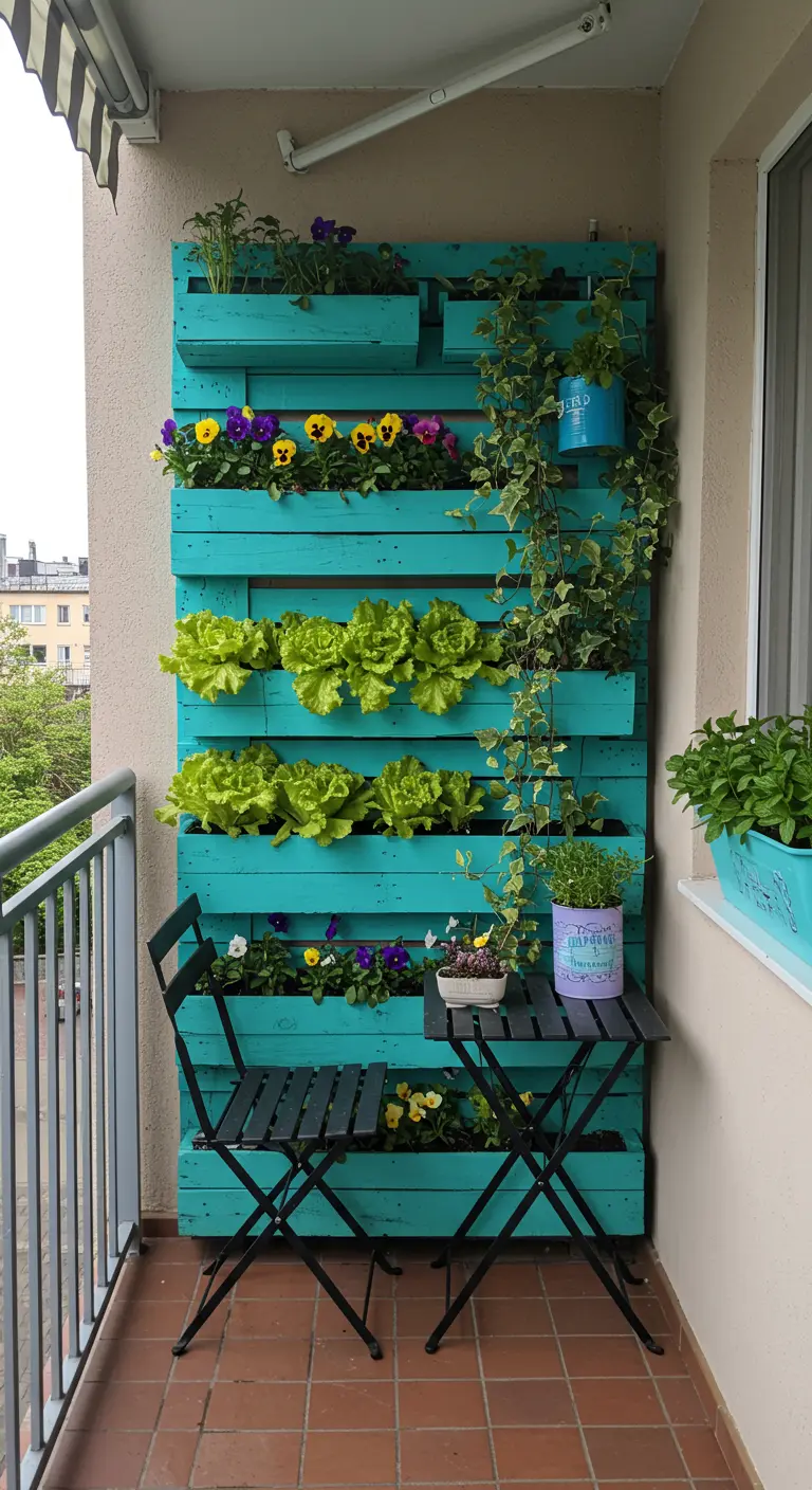 Jardin vertical en palette peinte en turquoise avec des laitues et des pensées.