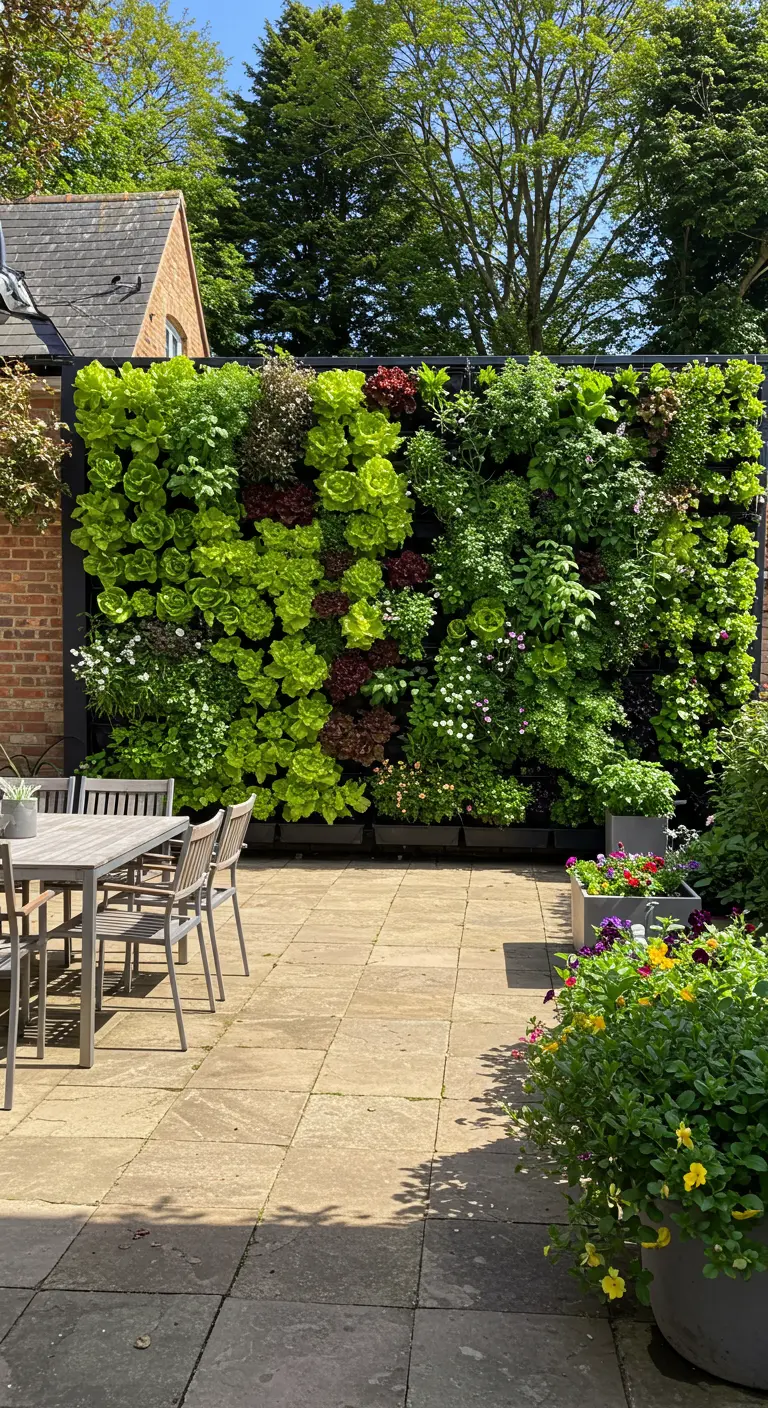 Mur végétal luxuriant avec des laitues et des herbes sur une terrasse.