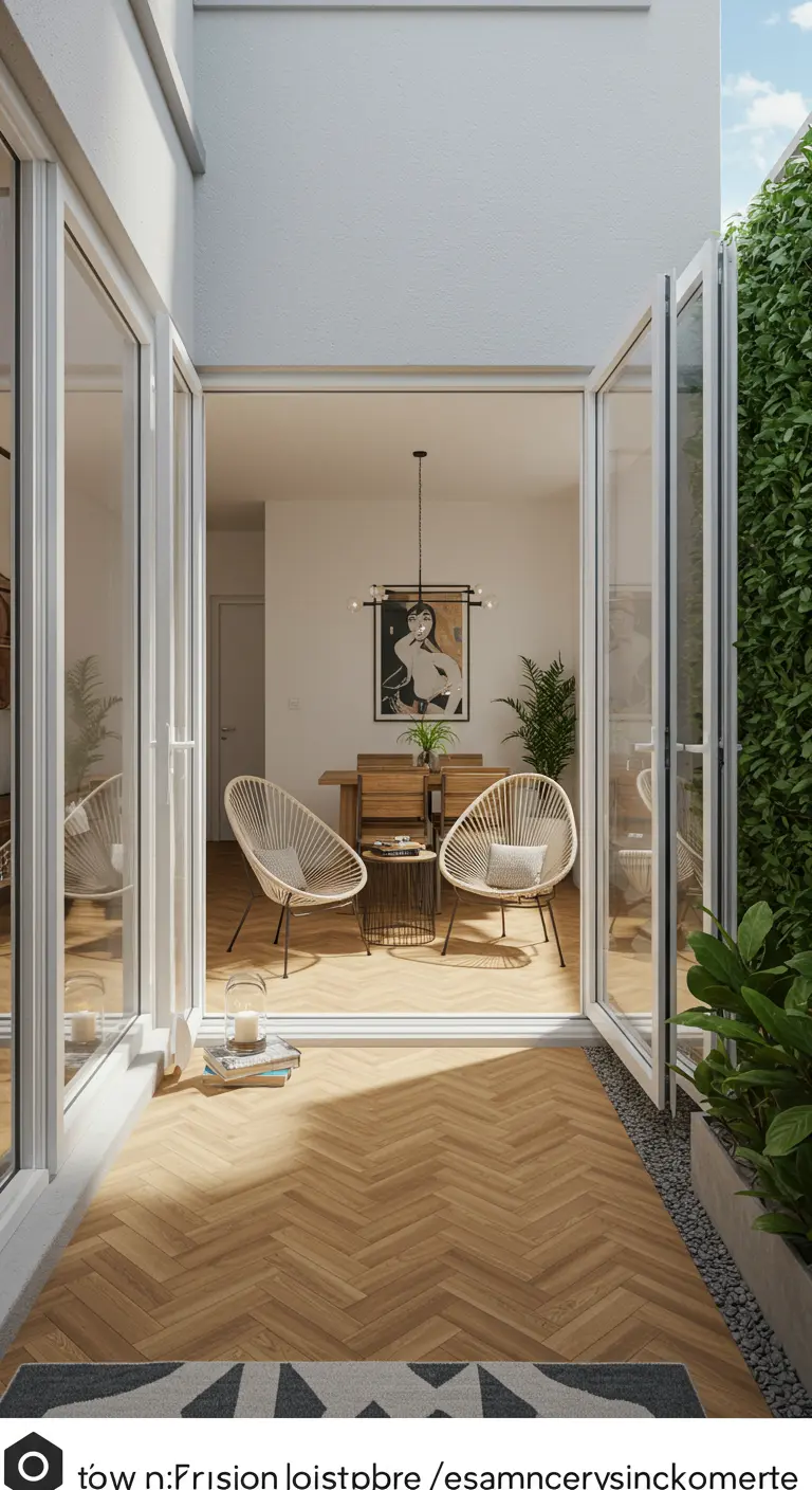 Patio avec un sol en bois en chevrons, vu depuis l'intérieur à travers des portes pliantes.