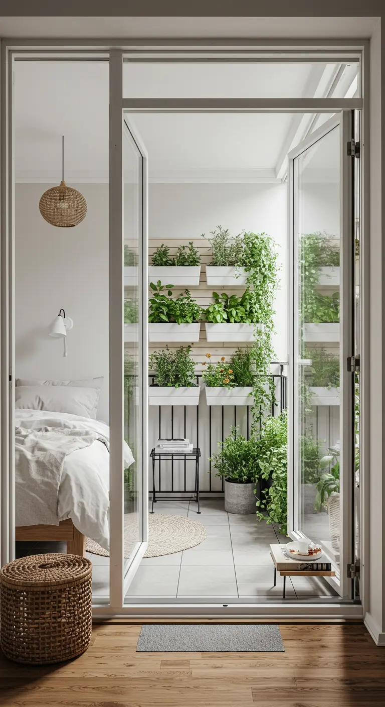 Chambre s'ouvrant sur un balcon aménagé avec un mur de jardinières blanches.
