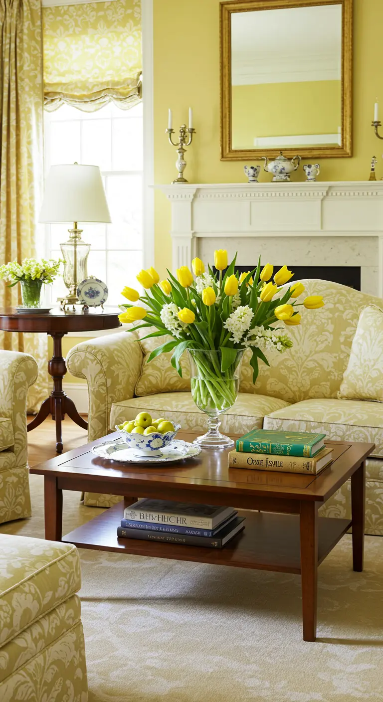 Salon traditionnel avec murs jaunes, canapé à motifs et un grand bouquet de tulipes jaunes