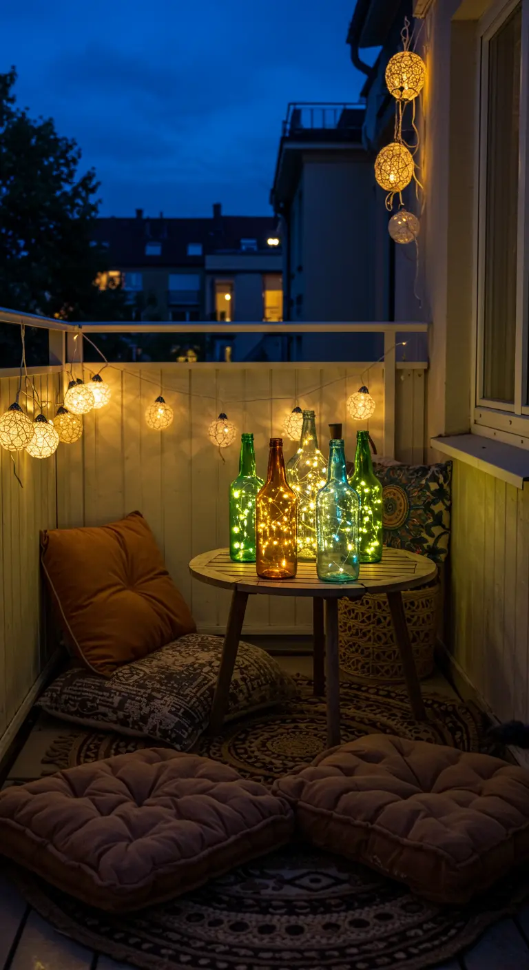 Des bouteilles en verre de différentes couleurs remplies de guirlandes lumineuses sur une table.