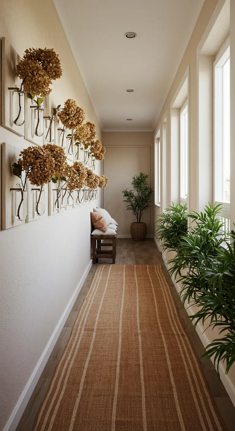 Couloir avec un mur décoré d'hortensias séchés dans des éprouvettes en verre.