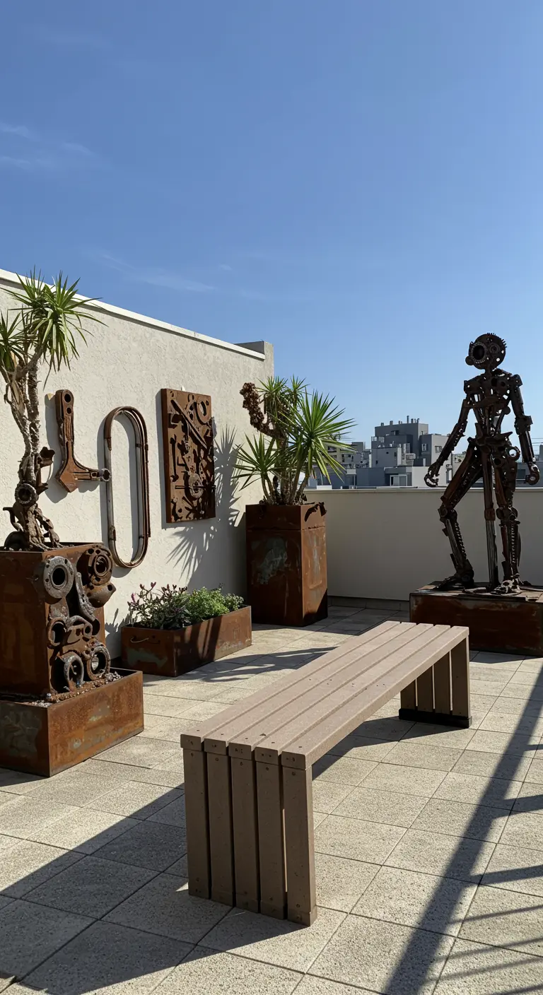 Terrasse avec des sculptures et des jardinières faites de métal recyclé rouillé