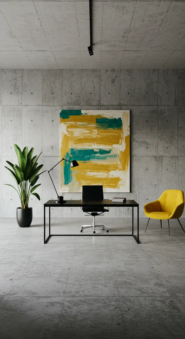 Bureau minimaliste noir devant un mur de béton avec une grande toile abstraite.
