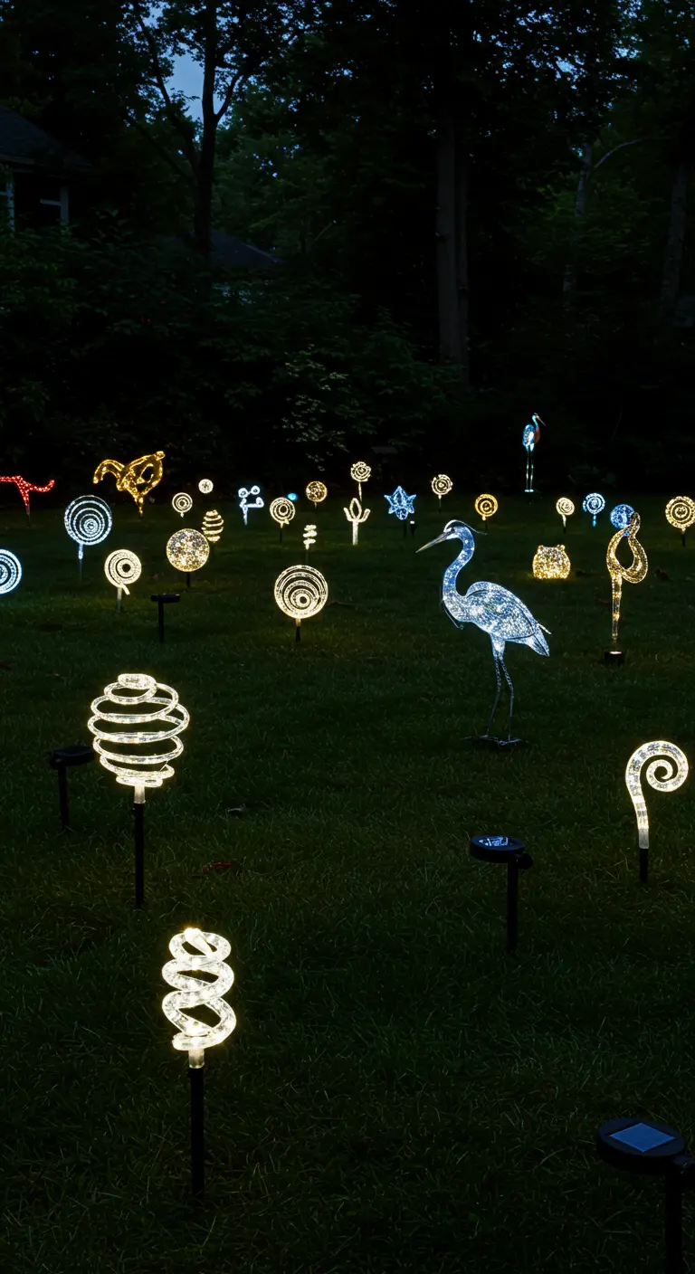 Une pelouse parsemée de diverses sculptures lumineuses solaires, dont un héron et des spirales.