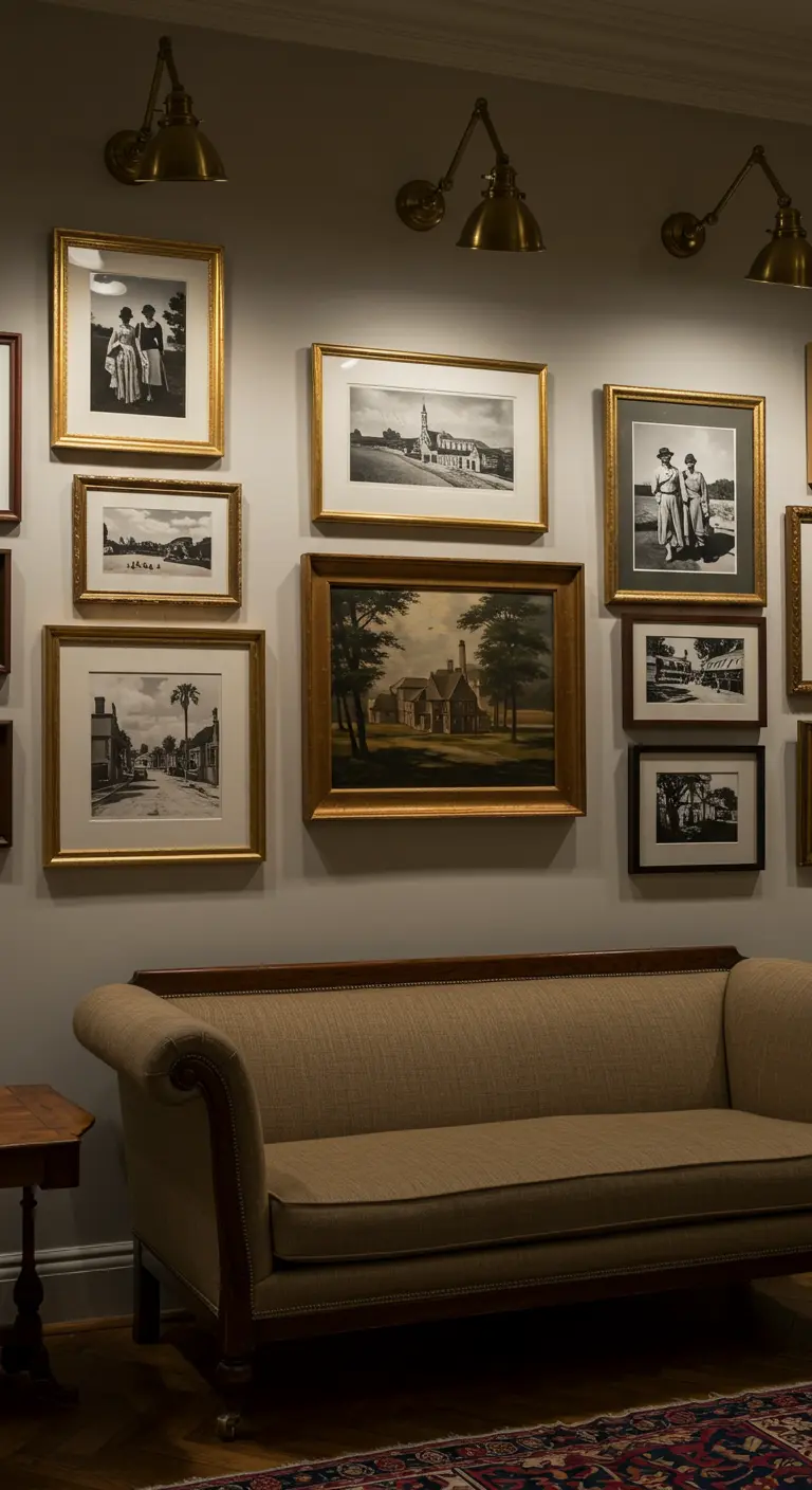 Un mur de cadres éclairé par des appliques directionnelles de style classique.