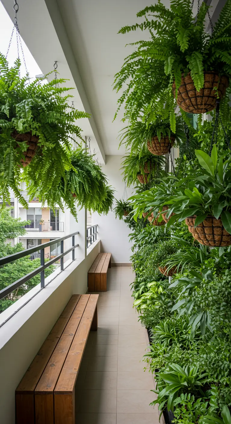 Balcon étroit et long, luxuriant avec de nombreuses fougères suspendues d'un côté.