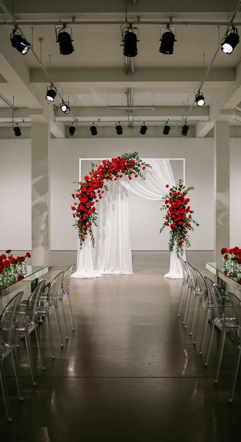 Arche de mariage florale rouge et blanche dans une galerie d'art moderne avec spots lumineux.