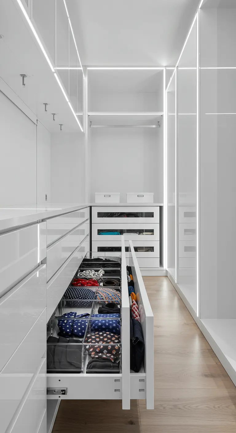 Tiroir de dressing blanc laqué avec diviseurs pour cravates, éclairé par des LED.