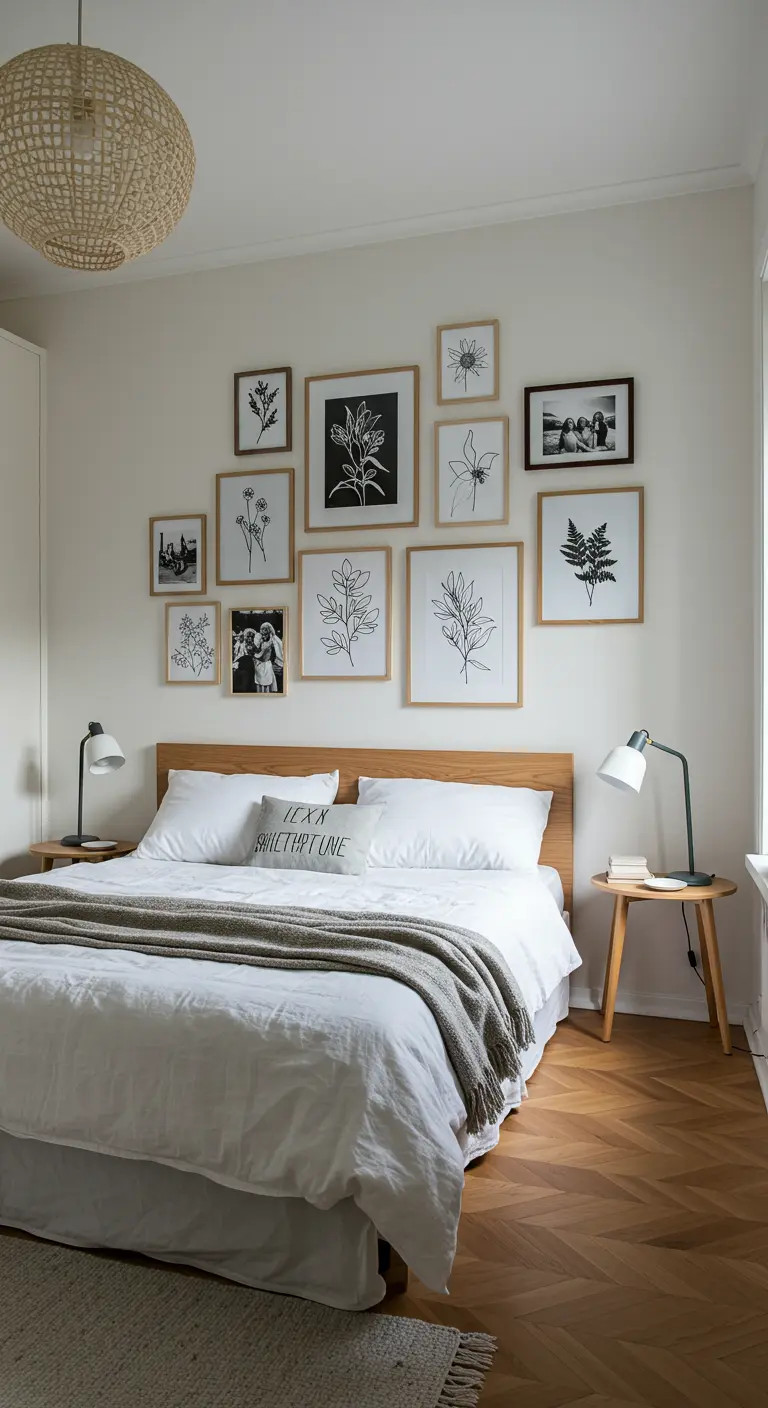 Mur de galerie au-dessus d'un lit avec des cadres en bois contenant des dessins botaniques.