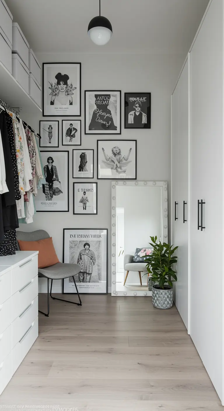 Dressing blanc avec mur de cadres monochromes, miroir éclairé et fauteuil gris.