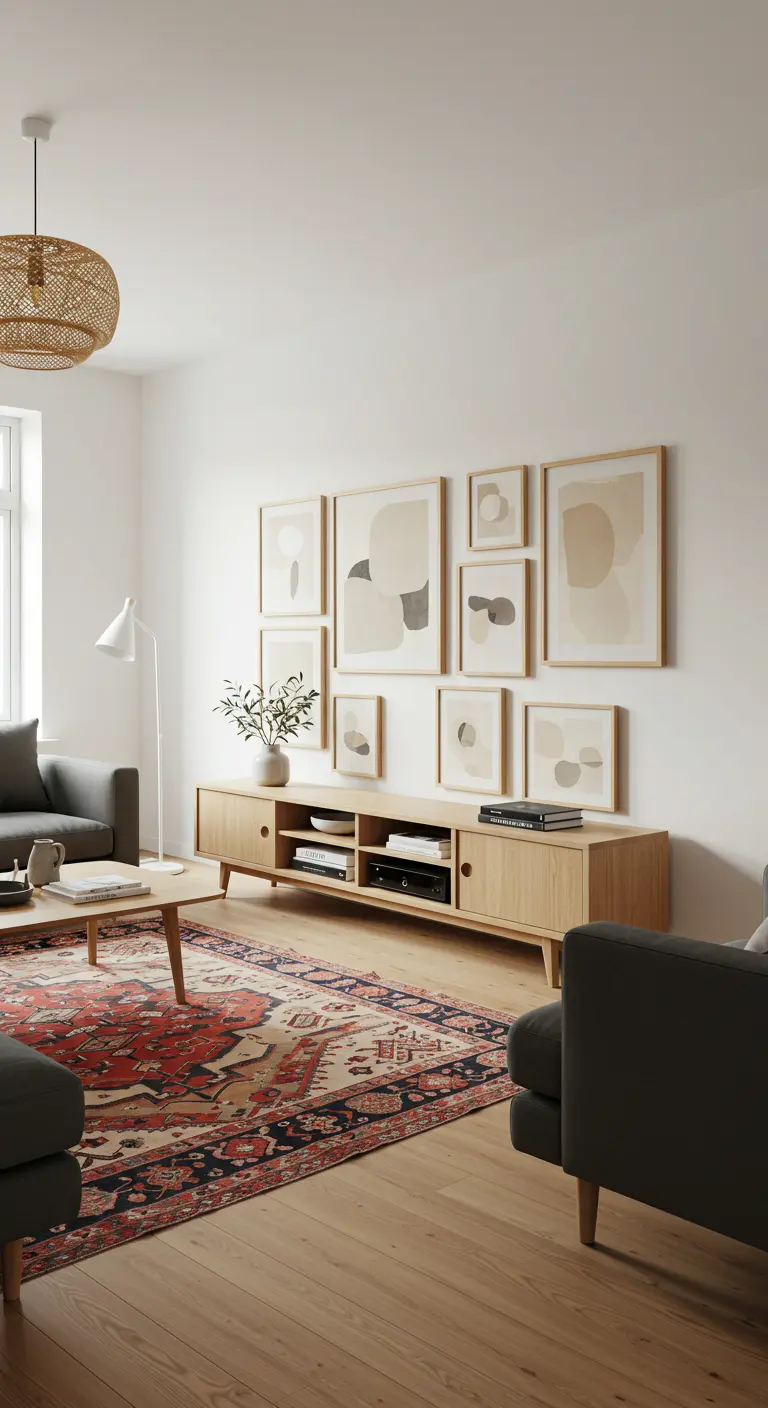 Mur de cadres avec de l'art abstrait au-dessus d'un buffet scandinave.