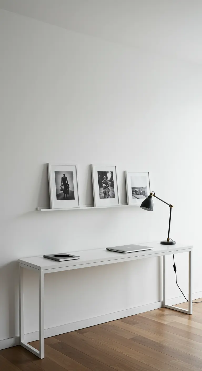 Bureau blanc minimaliste avec une tablette murale au-dessus exposant trois cadres en noir et blanc.