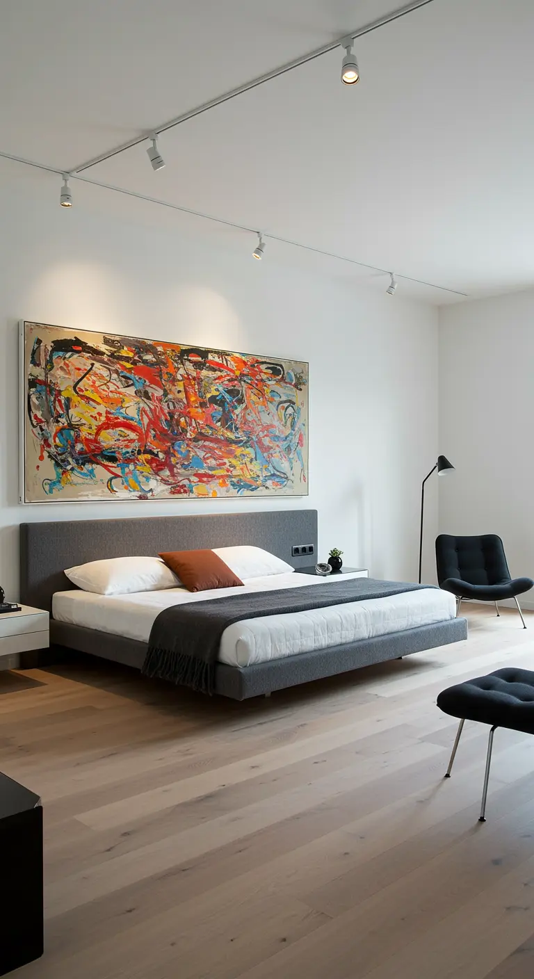 Une grande peinture abstraite et colorée sert de tête de lit dans une chambre moderne.