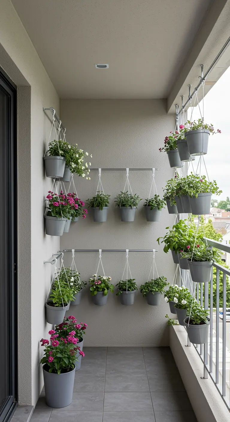 Plusieurs rangées de petits pots de fleurs gris suspendus à des tringles murales.