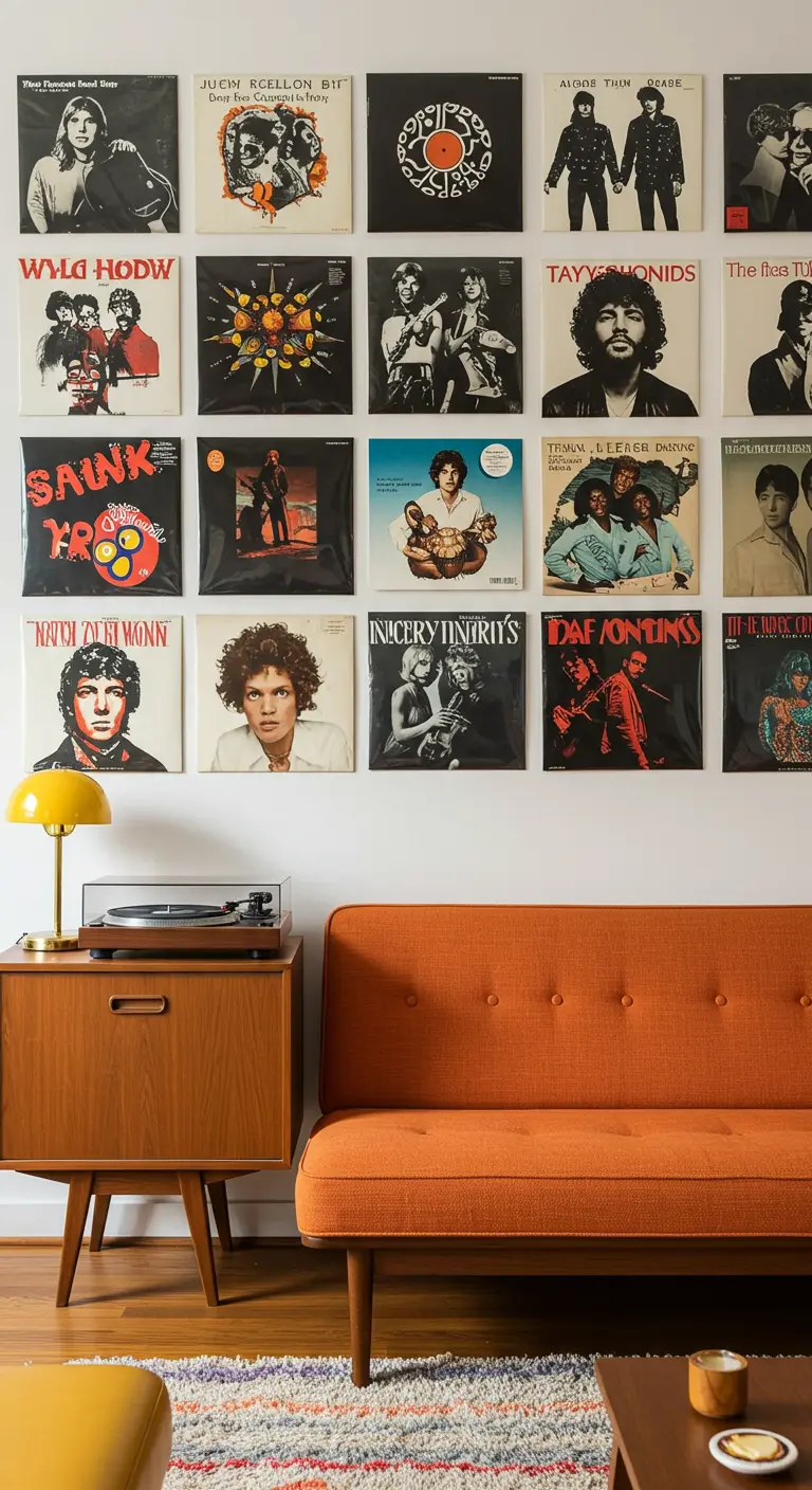 Mur blanc recouvert d'une grille de pochettes de disques vinyles vintage, au-dessus d'un canapé orange.