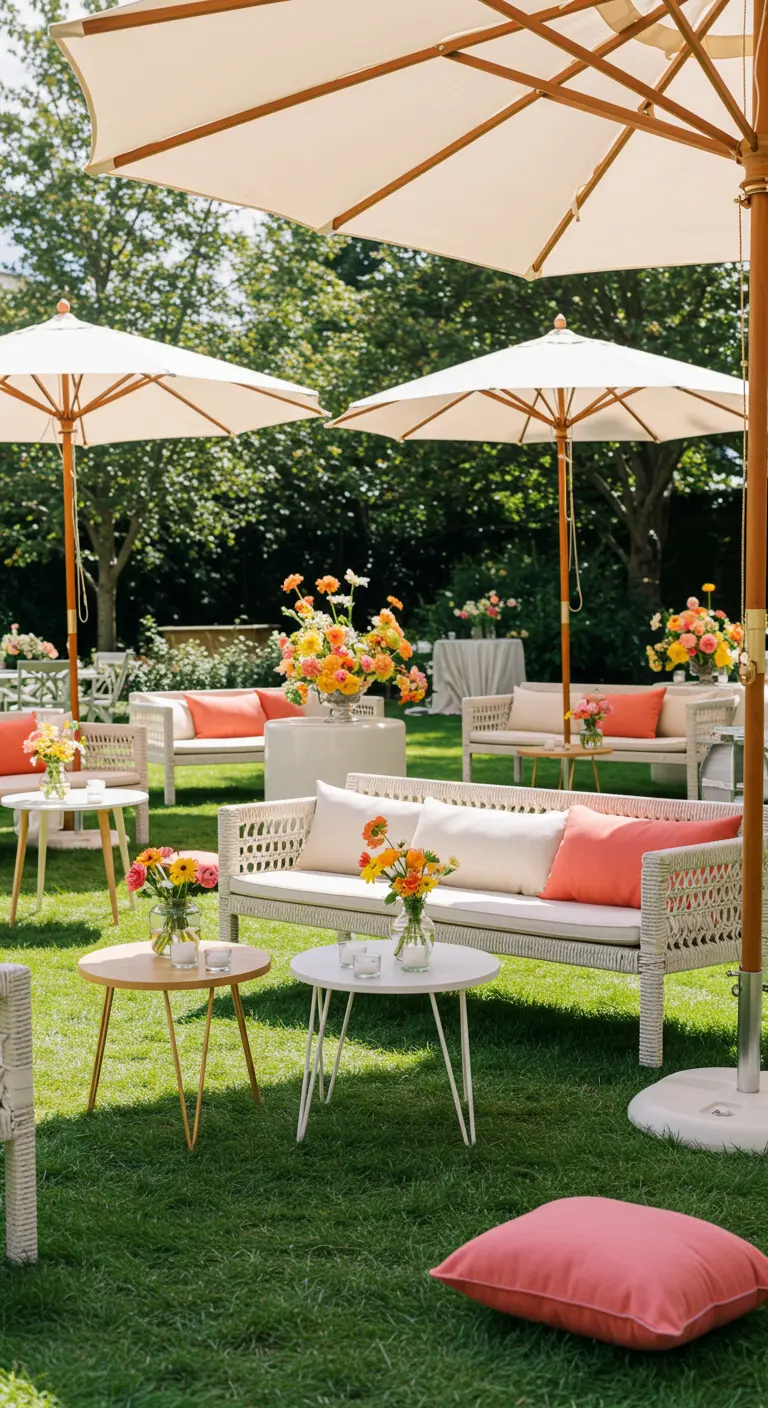 Salon de jardin blanc avec coussins orange vifs et arrangements floraux colorés, sous de grands parasols sur une pelouse verdoyante.