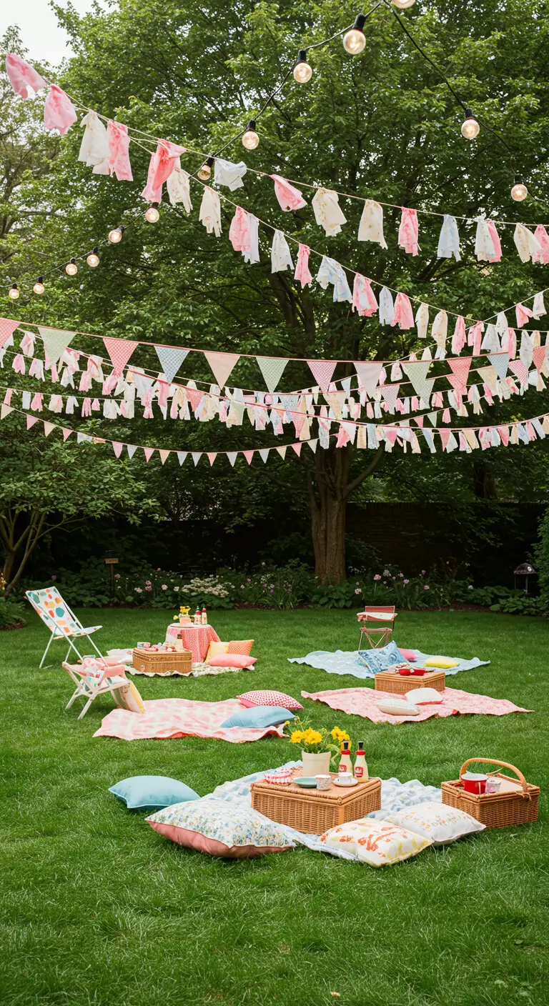 Pique-nique sur l'herbe avec des guirlandes de fanions et des guirlandes lumineuses.