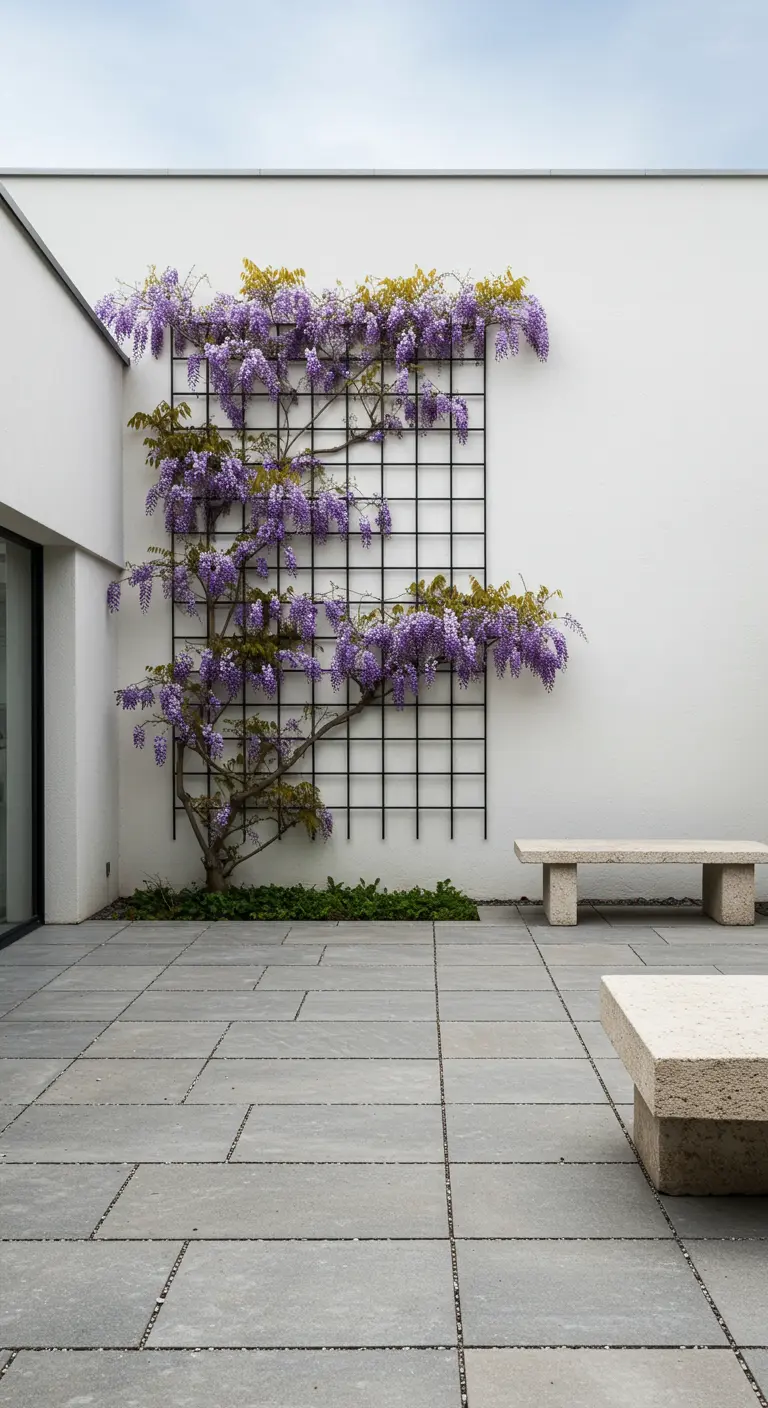 Glycine sur un treillis noir moderne contre un mur blanc.