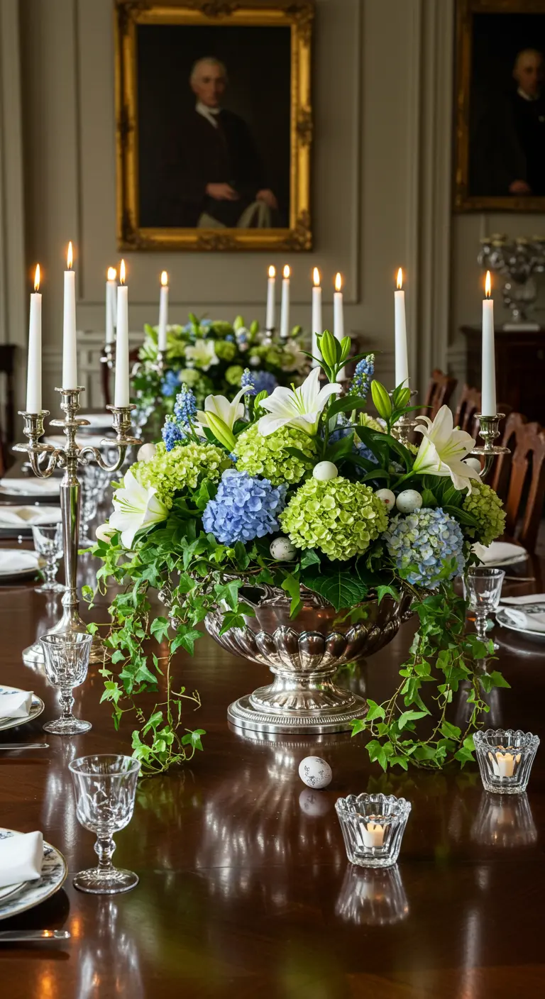 Centre de table élégant avec une urne argentée remplie de lys blancs et hortensias bleus, entourée de chandeliers.