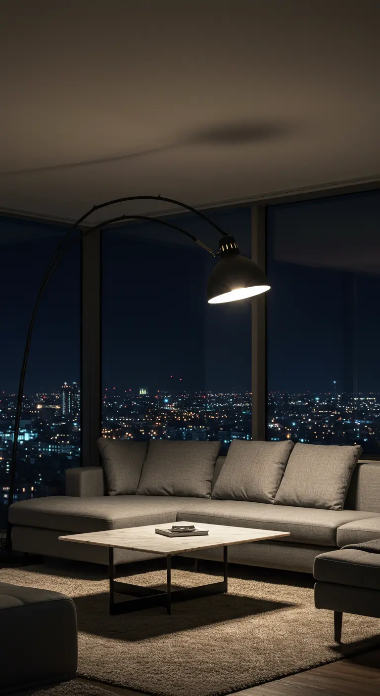 Un lampadaire arqué au-dessus d'un canapé gris dans un salon moderne la nuit.