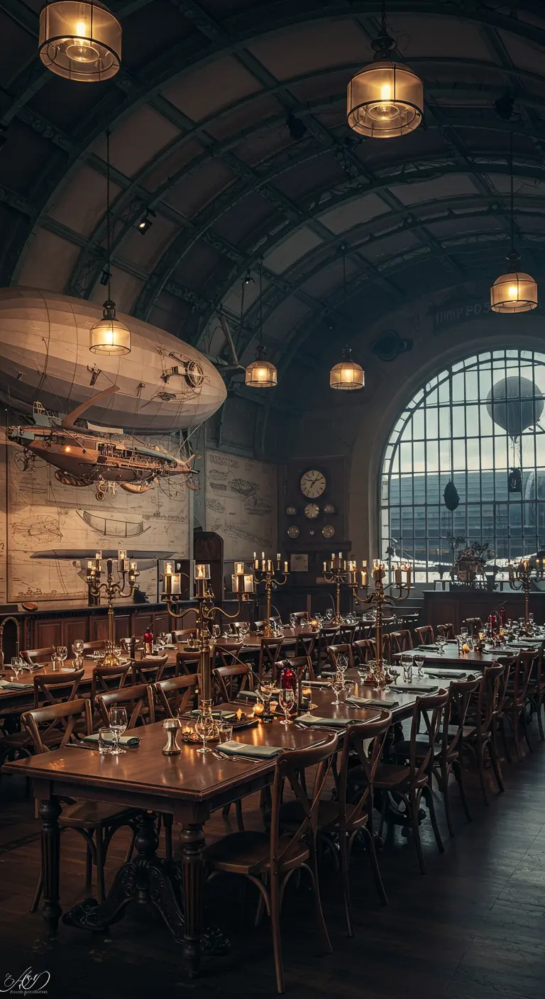 Grande salle de réception Steampunk inspirée d'une gare, avec un dirigeable, des horloges et de longues tables dressées.