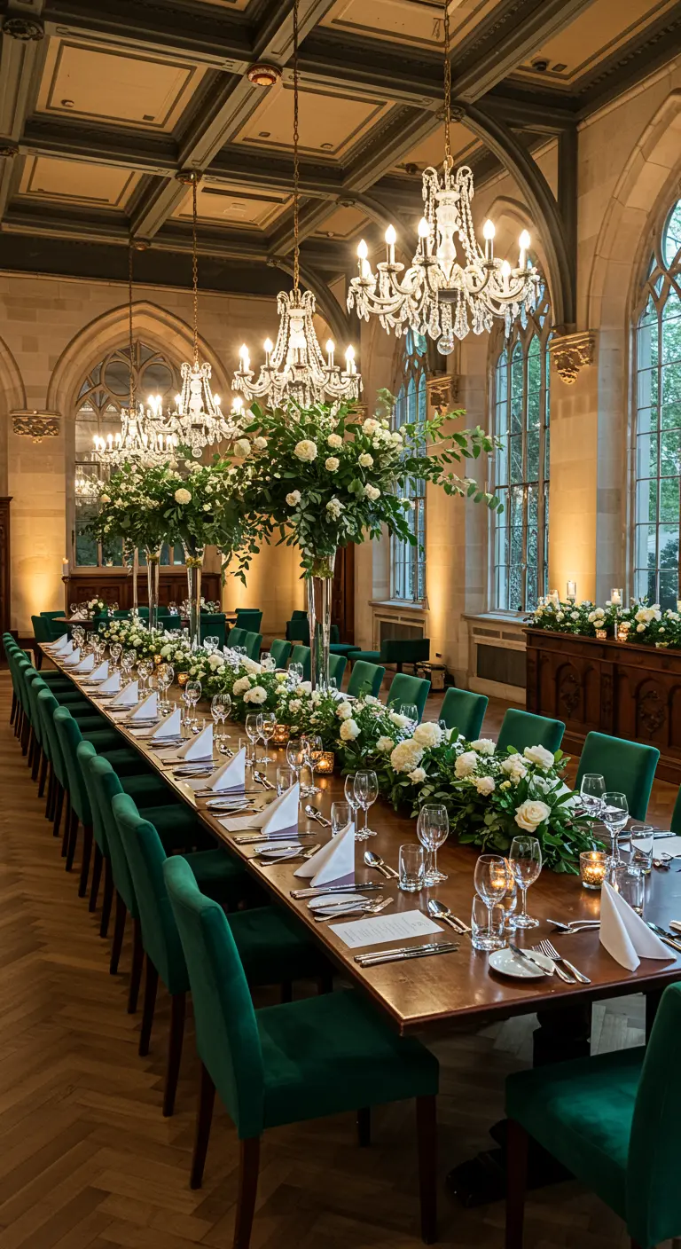 Table de banquet somptueuse avec de grandes compositions florales blanches et des chaises vert émeraude.