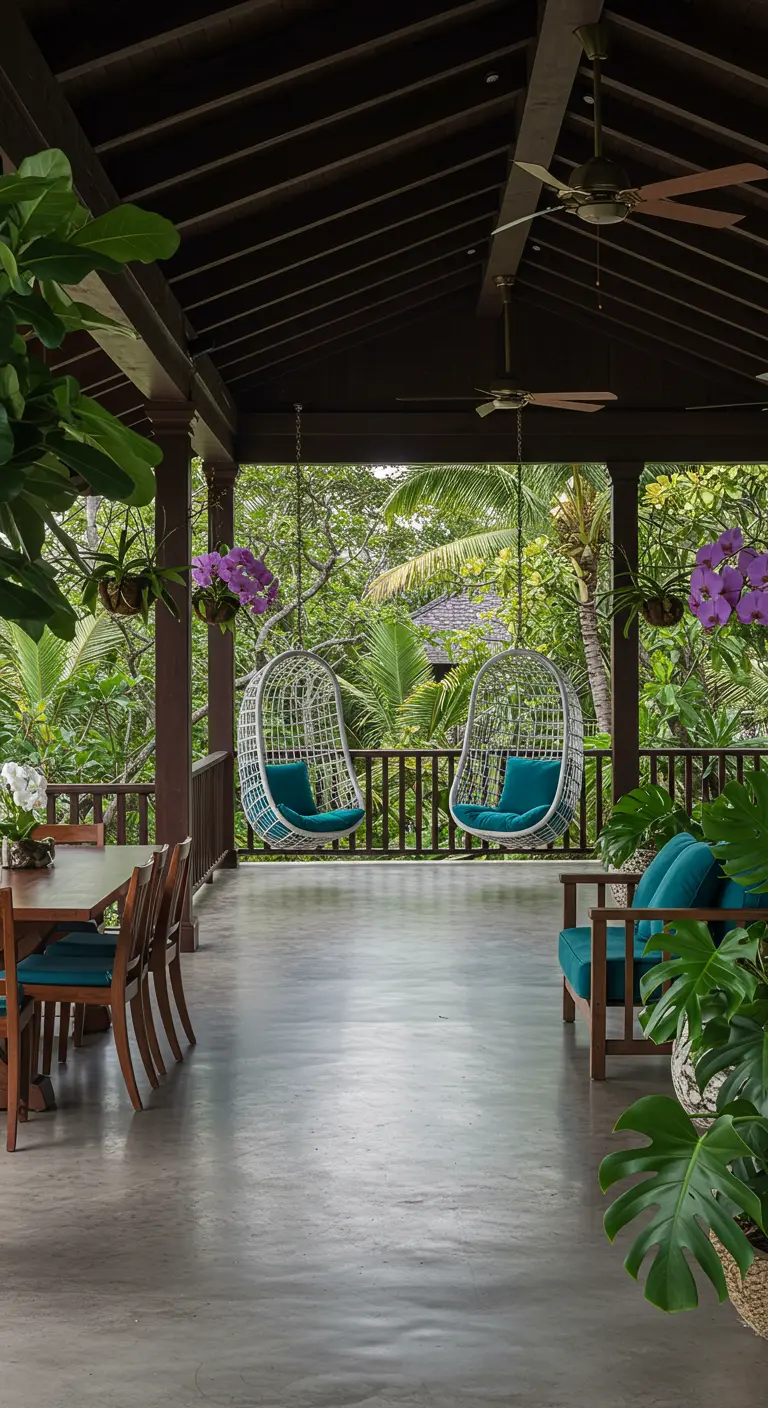 Deux fauteuils suspendus blancs avec coussins bleus sur une grande terrasse couverte.
