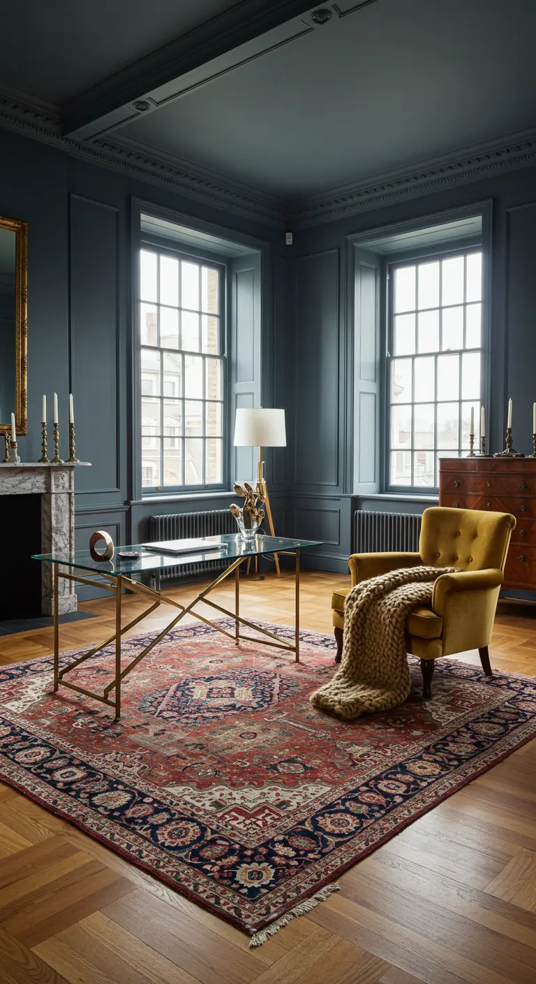 Bureau bleu-gris classique avec fauteuil en velours jaune, tapis persan et table en laiton.