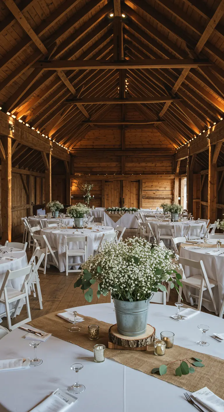 Intérieur d'une grange en bois avec des tables rondes nappées de blanc pour une réception.
