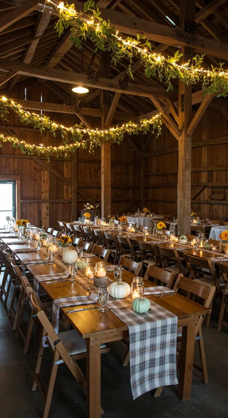 Réception dans une grange en bois avec tables dressées et guirlandes lumineuses