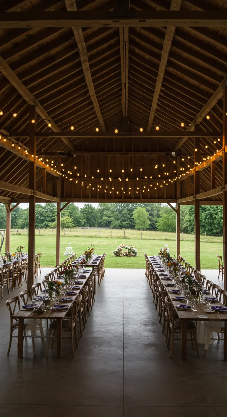 Intérieur d'une grange en bois avec de longues tables et des guirlandes sous la charpente.