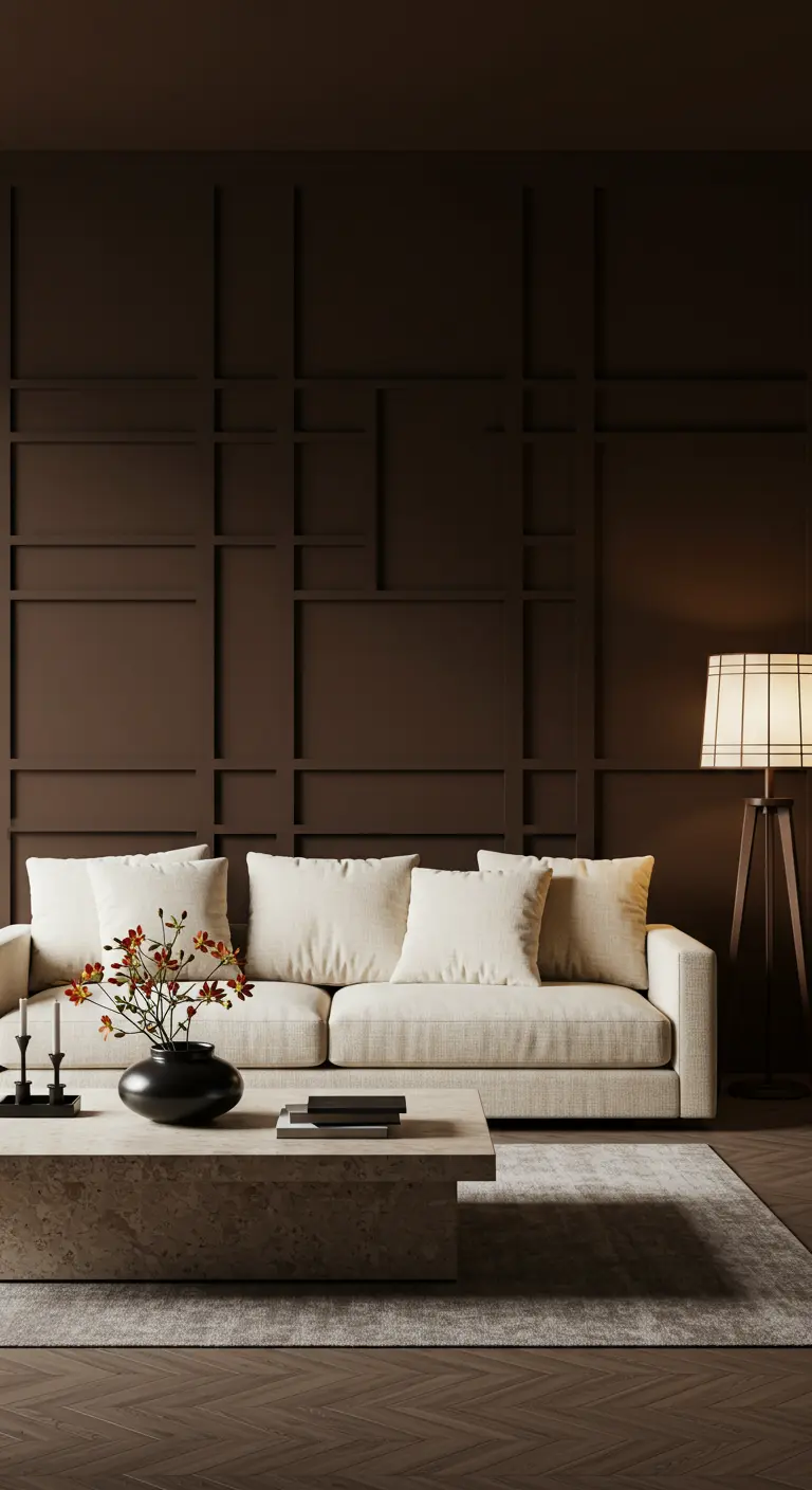 Salon contemporain avec mur brun et moulures en grille asymétrique.