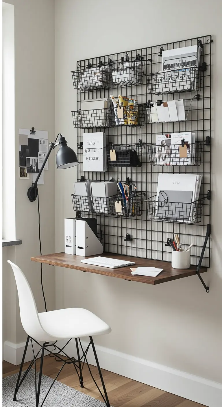 Bureau rabattable fixé sur un système de grille murale noire avec de nombreux paniers de rangement.