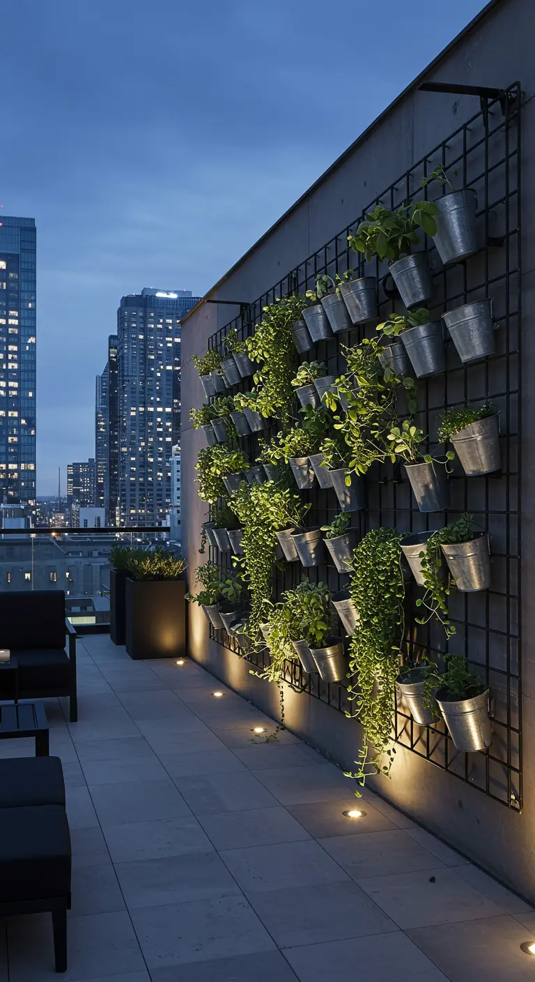 Mur végétal moderne sur une terrasse avec des seaux en métal sur une grille noire.