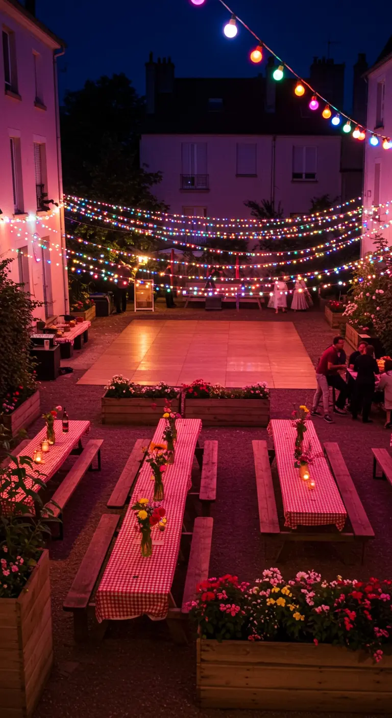 Cour extérieure transformée en guinguette avec des guirlandes LED multicolores et des tables de pique-nique.
