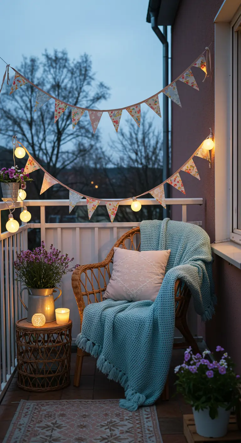 Coin lecture cosy sur un balcon avec fauteuil en osier, guirlandes et bougies.