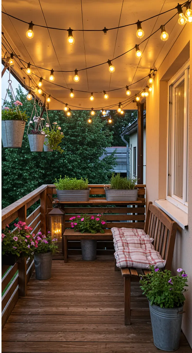 Balcon en bois avec banc, fleurs en pots métalliques et guirlandes guinguette.