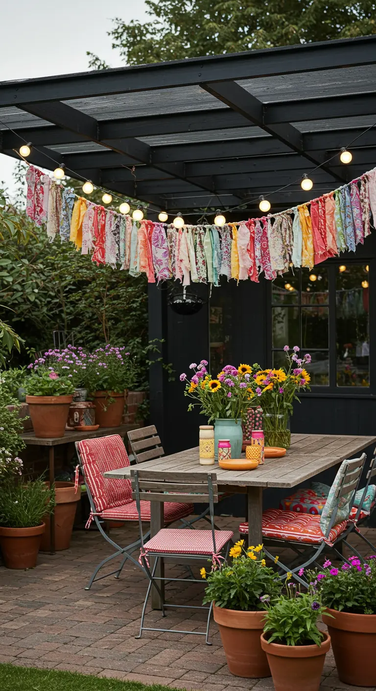 Guirlande de tissus colorés et ampoules suspendues à une pergola au-dessus d'une table de jardin.
