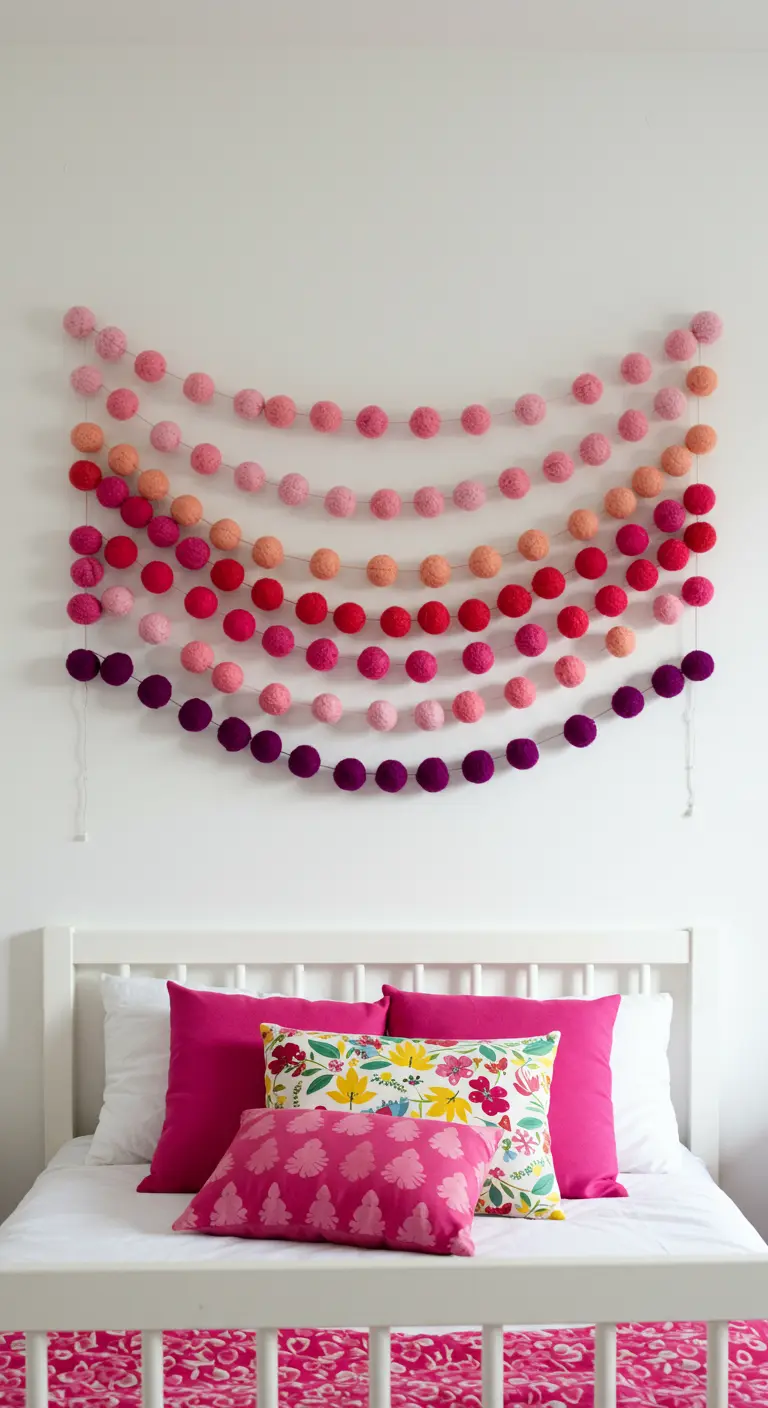 Plusieurs guirlandes de pompons roses et violets forment un arc au-dessus d'un lit blanc.