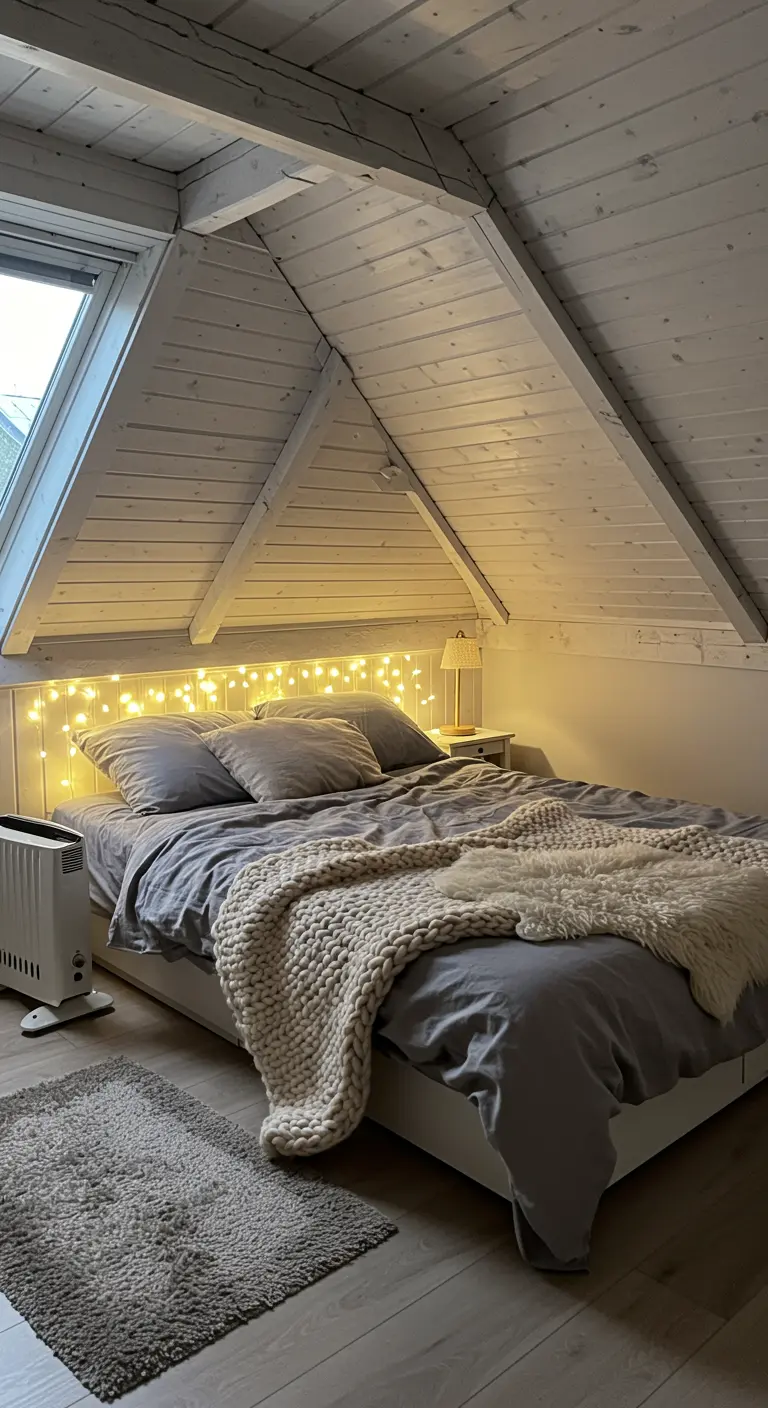 Chambre mansardée cosy avec guirlandes lumineuses au-dessus du lit.