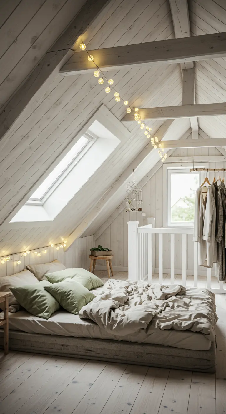 Chambre mansardée avec poutres apparentes et guirlande lumineuse au-dessus du lit.