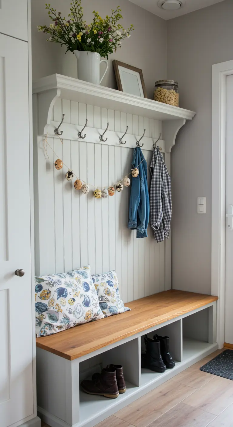 Banc d'entrée avec une guirlande d'œufs en papier suspendue aux crochets.