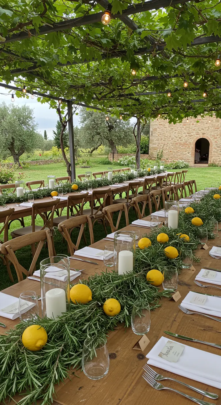 Longue table en bois sous une tonnelle de vigne, décorée de romarin et de citrons.